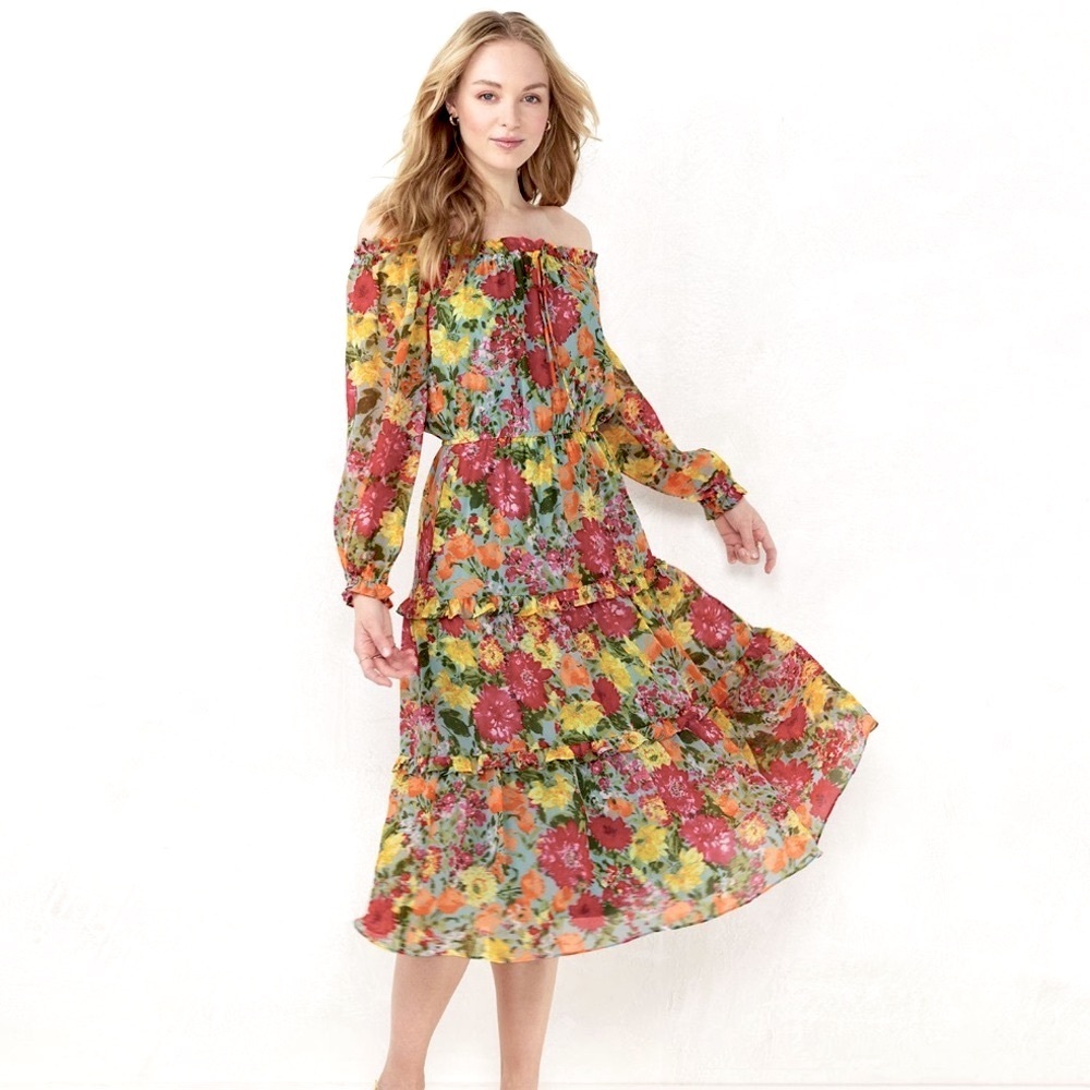 LAUREN CONRAD Floral Off the Shoulder MIDI Ruffle Dress